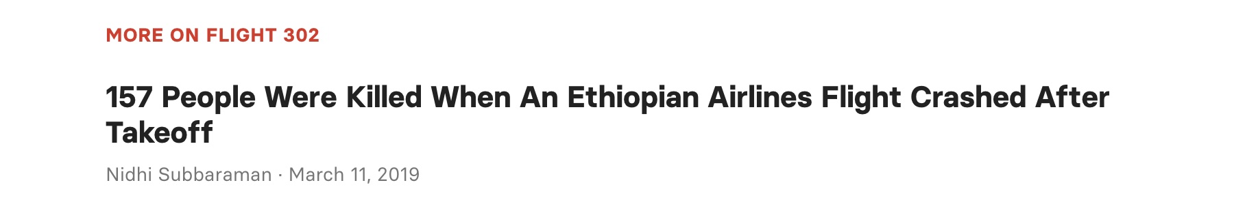 Screen shot of relevant news link in Ethiopian Airlines crash news.