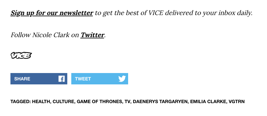 Screenshot from Vice:Emilia Clarke Survived Two Life-Threatening Aneurysms While Filming 'GoT'.