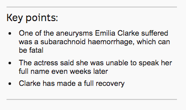 Screenshot from ABC News:Game of Thrones actress Emilia Clarke reveals she survived two life-threatening aneurysms.