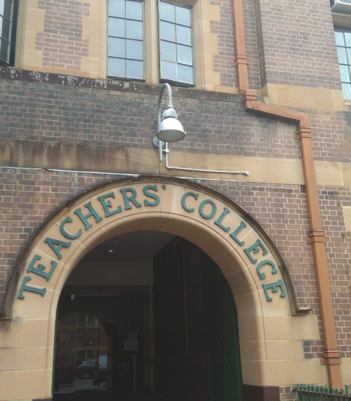 A silver grey pendant lamp at the Old Teachers College.