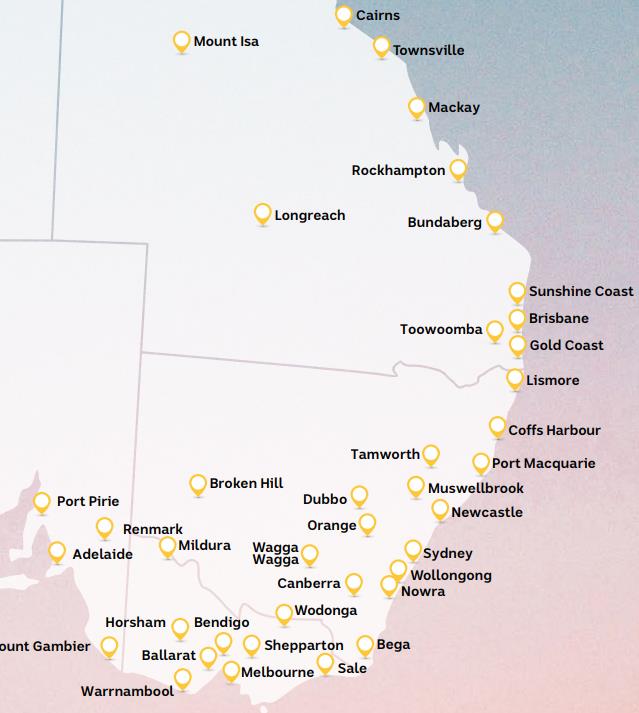 The ABC covers the main cities in East Australia