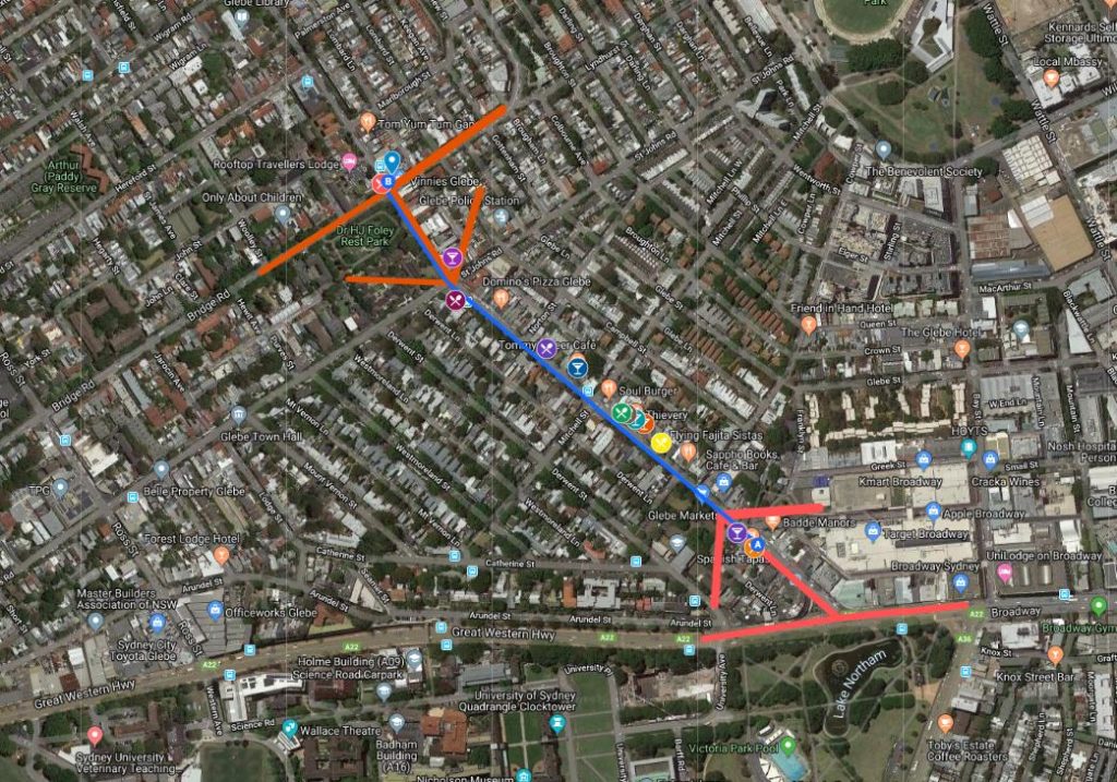 A map showing the proposed sight in Glebe Point Road in this June