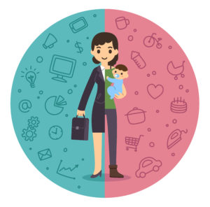 Illustration of the concept of life and work balance. Young businesswoman in suit on the left and with baby on the right.