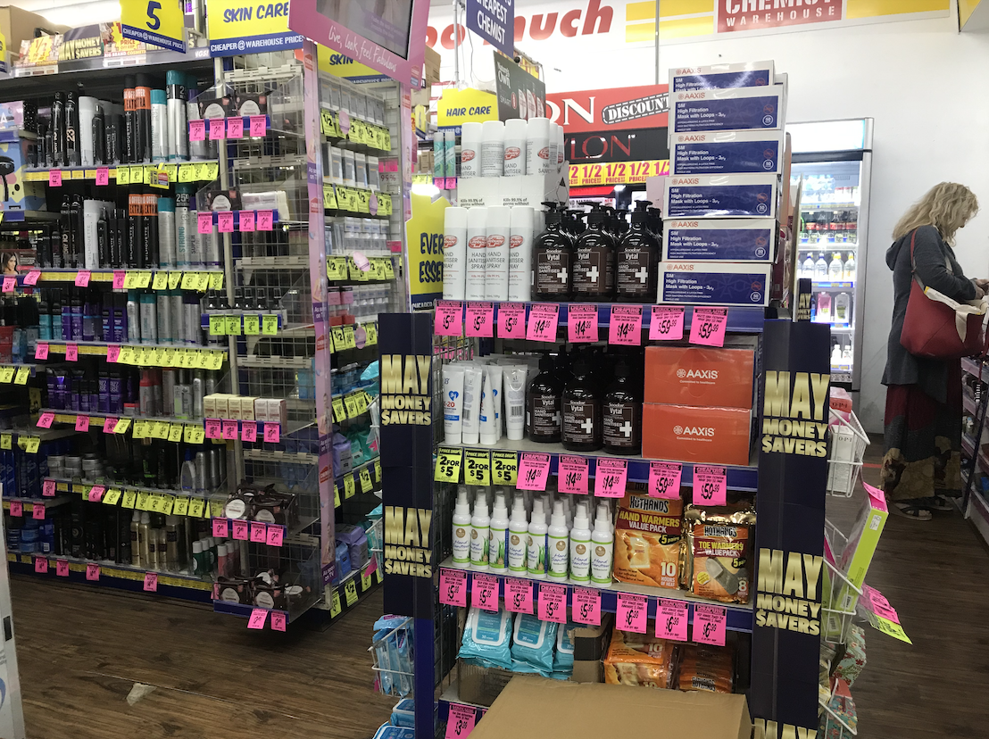 Hand sanitizers sold at the front of the Chemist